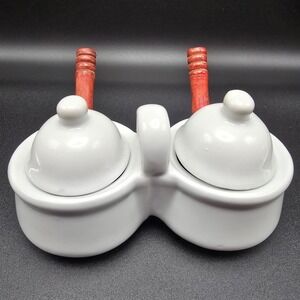 Houston Harvest HH Double Ceramic Condiment Server Dish with Spoons‎ White